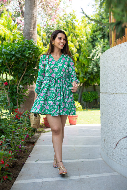 Green Floral Flared Dress