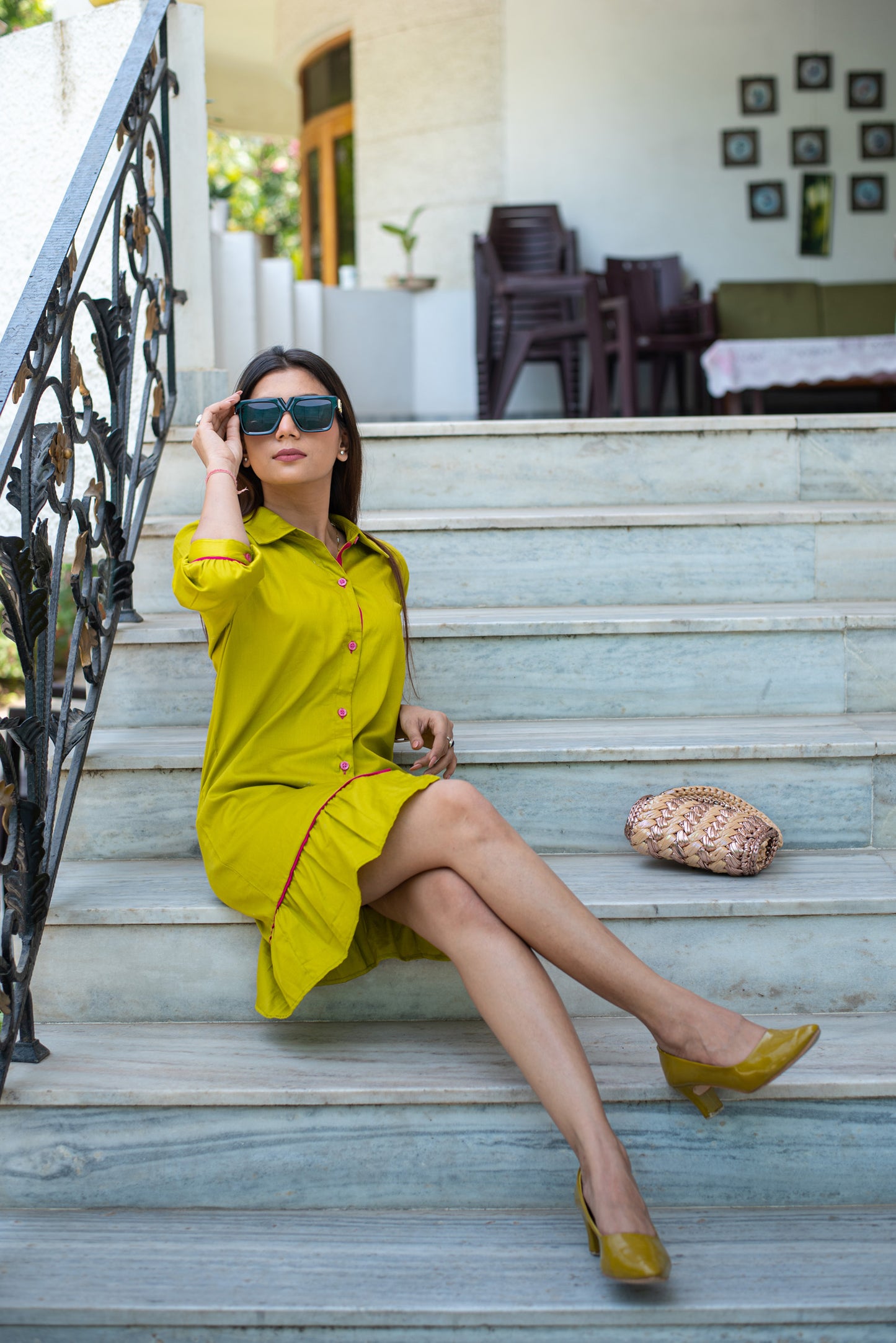 Lime Green colour contrast shirt dress