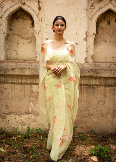 Flamingo Hand-Painted Organza Saree