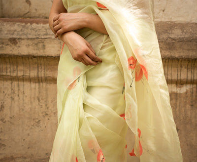 Flamingo Hand-Painted Organza Saree