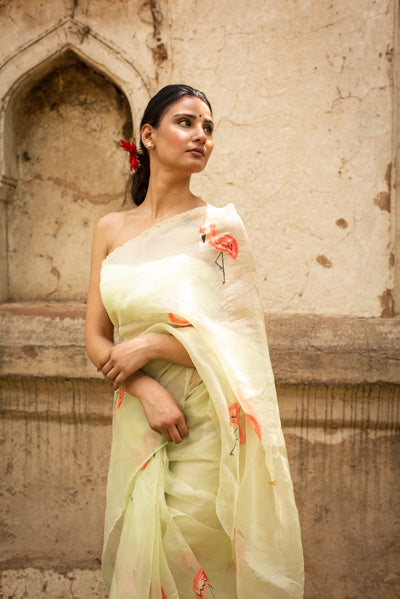 Flamingo Hand-Painted Organza Saree