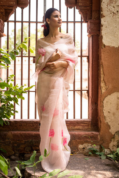Blush pink Floral Organza Hand-painted Saree