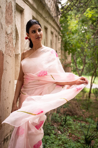 Blush pink Floral Organza Hand-painted Saree