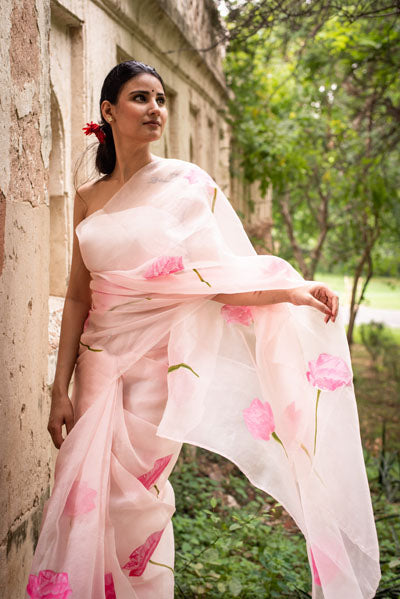 Blush pink Floral Organza Hand-painted Saree