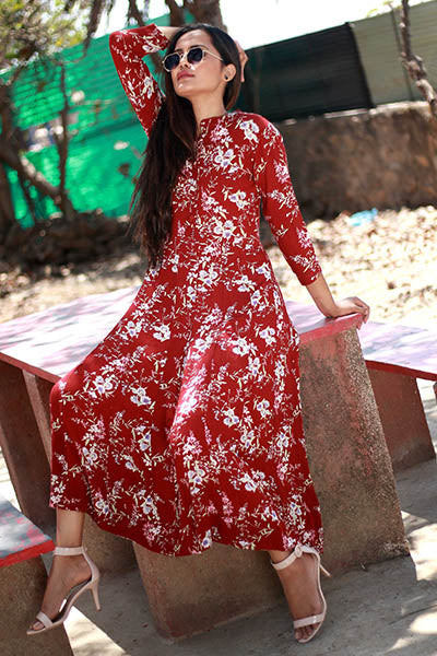 Burgandy Floral Printed A-Line Kurta