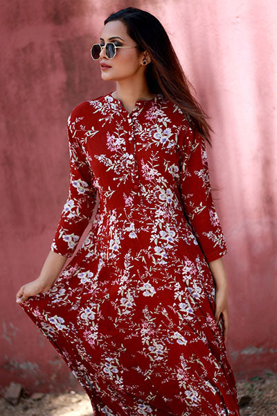 Burgandy Floral Printed A-Line Kurta