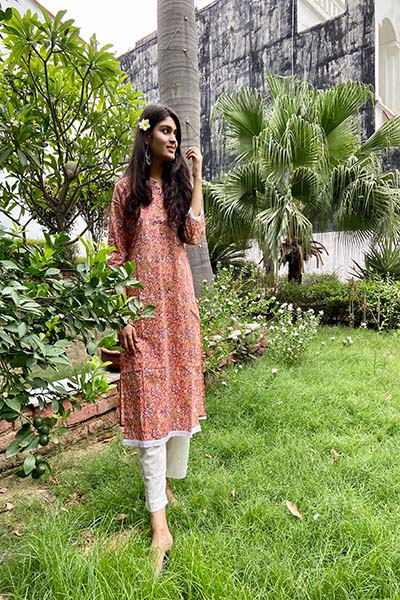 Peach Floral Jaal kurta set