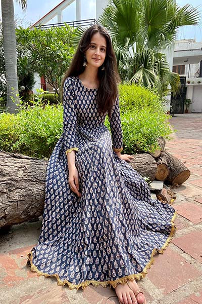 Dark Blue Booti kurta with Gota