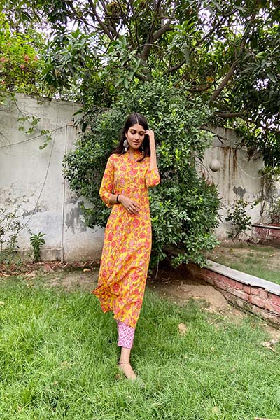 Yellow Floral Jaal Kurta Set