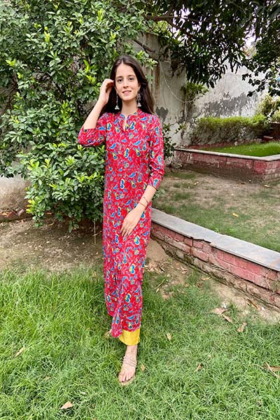 Red Printed Kurta Set