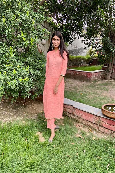 Peach Self pattern kurta Set